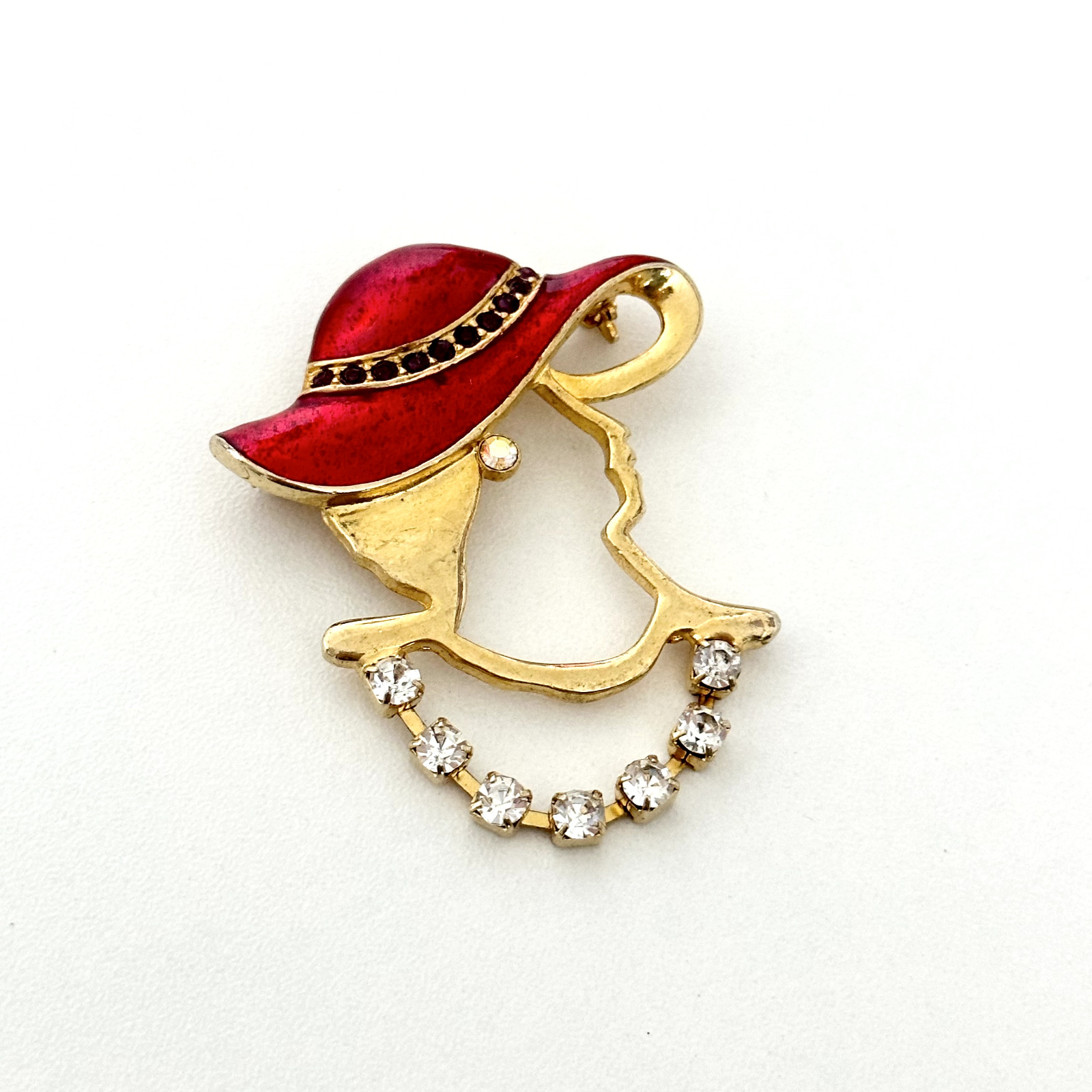 Vintage Gold Tone Lady Red Enamel Hat Bonnet Clear Purple Rhinestone Brooch Pin