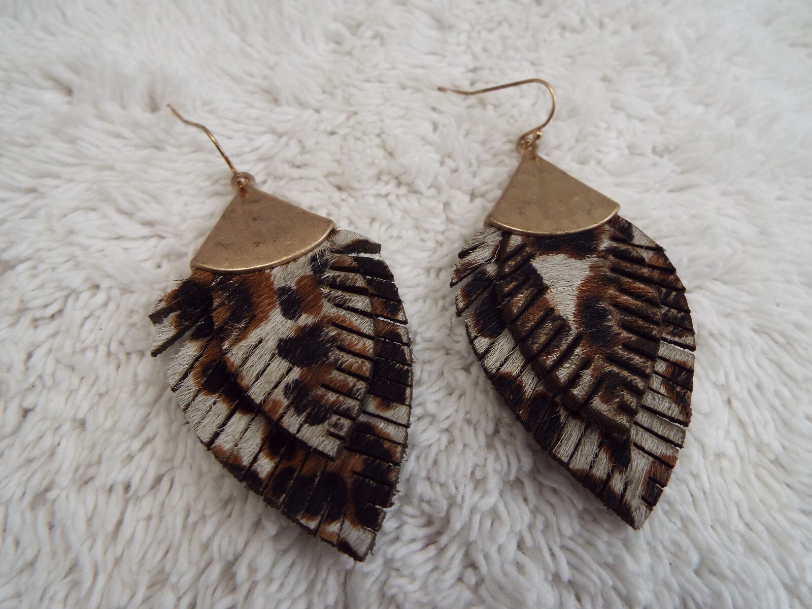 Faux Fur Cheetah Print Leather Goldtone Pierced Earrings (C6)