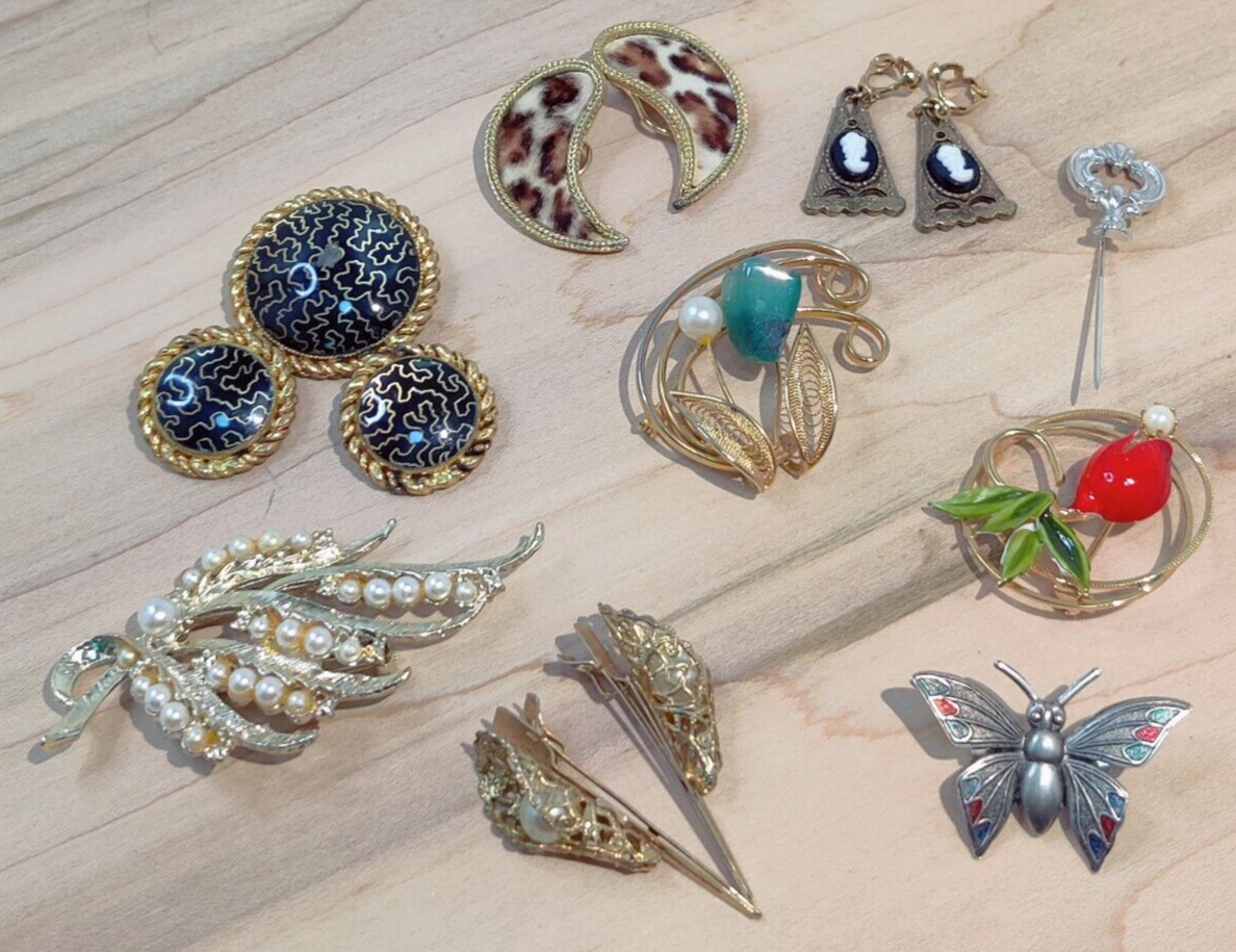 VTG 4 BROOCHS , 1 EARRINGS BROOCH SET, 1FAUX FUR LEAPARD EARRINGS CAMEO EARRINGS
