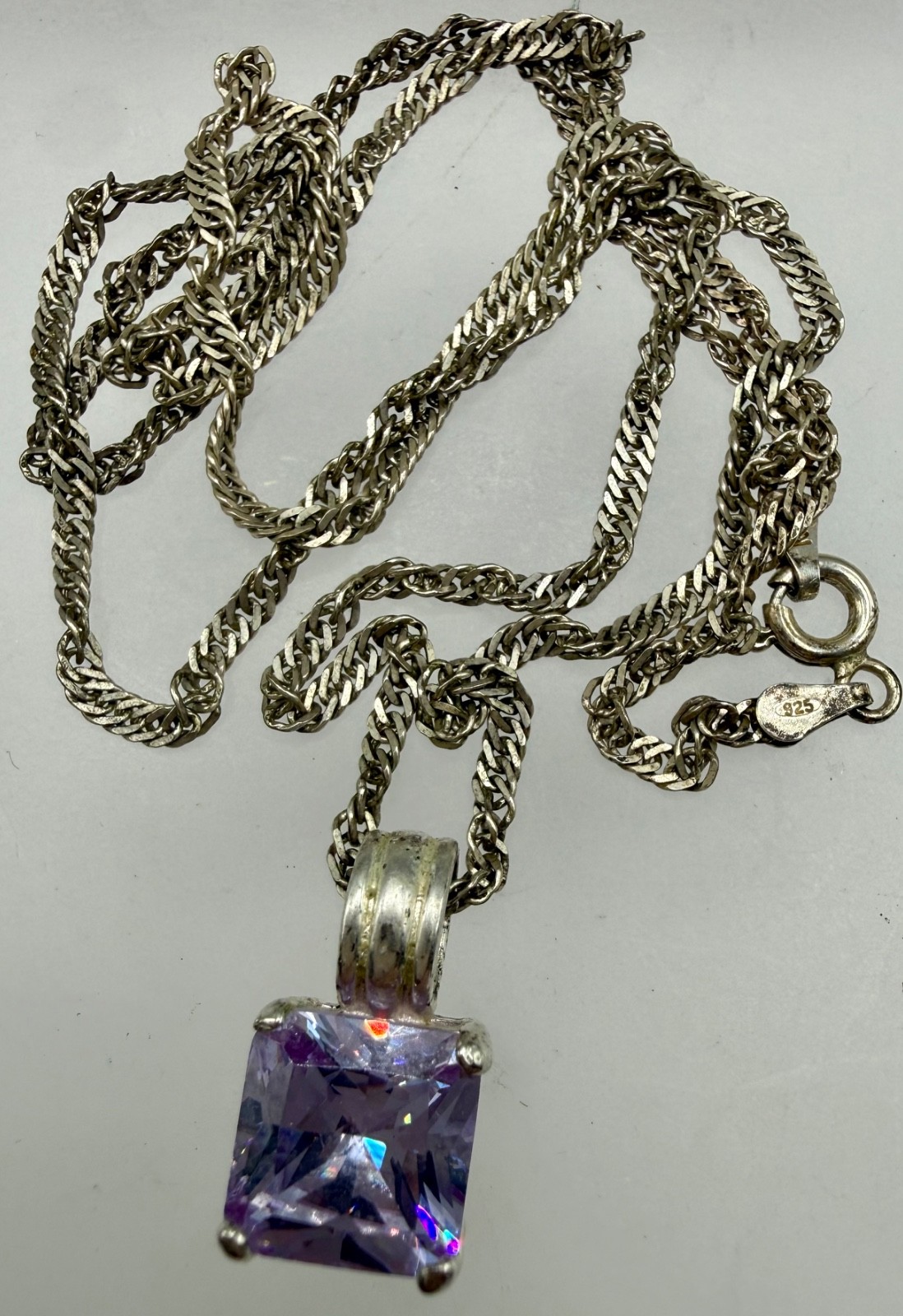 VINTAGE STERLING SILVER TWIST CHAIN PASTE AMETHYST PRINCESS CUT PENDANT NECKLACE