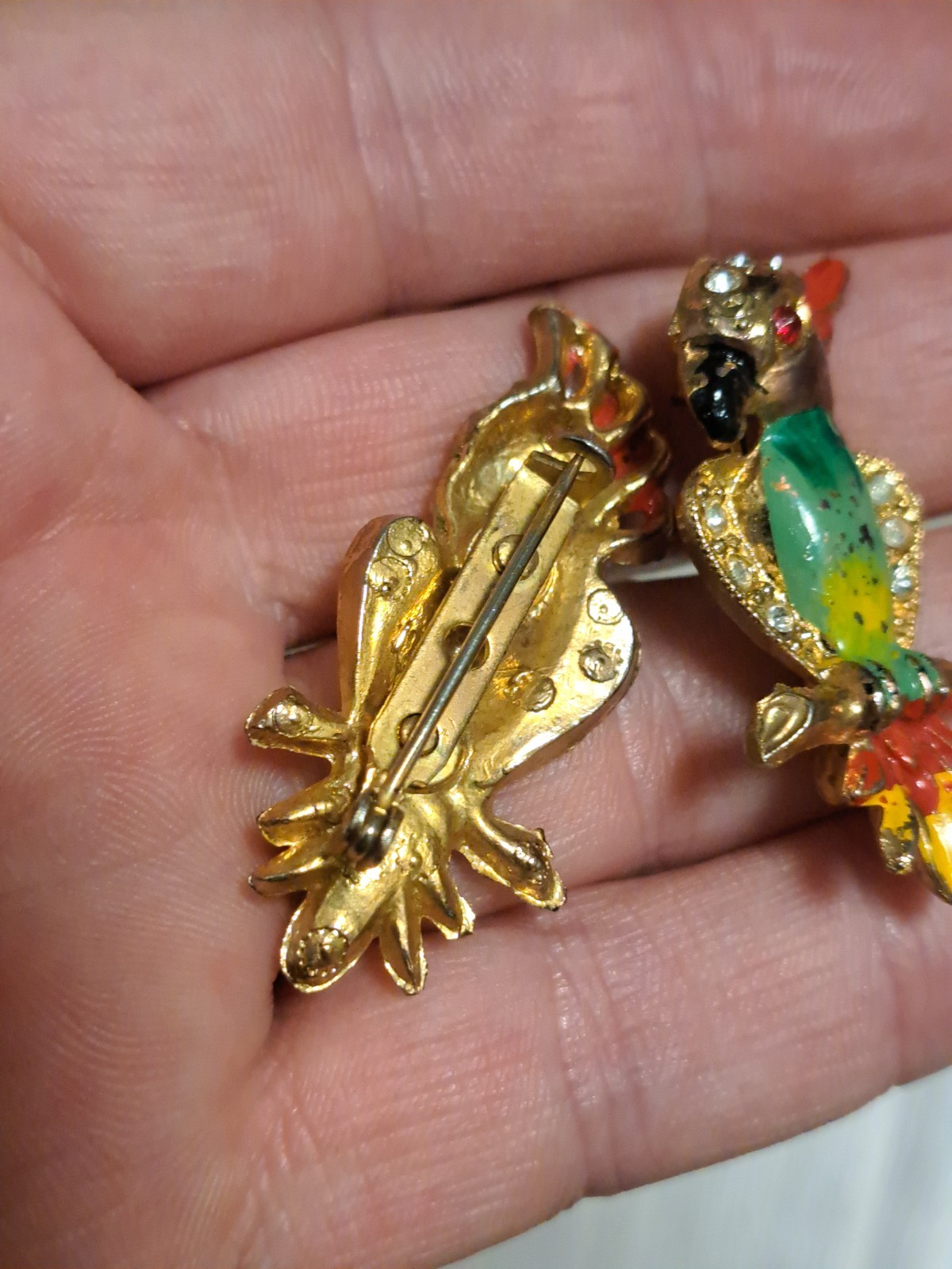 Vintage Rhinestone And Goldtones Pair Of Parrot Brooches