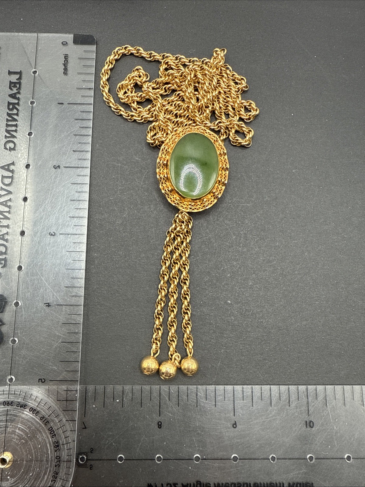 Vintage 1/20 12k Gold Filled Filigree Jade Slide Tassel Pendant Necklace 25g J13
