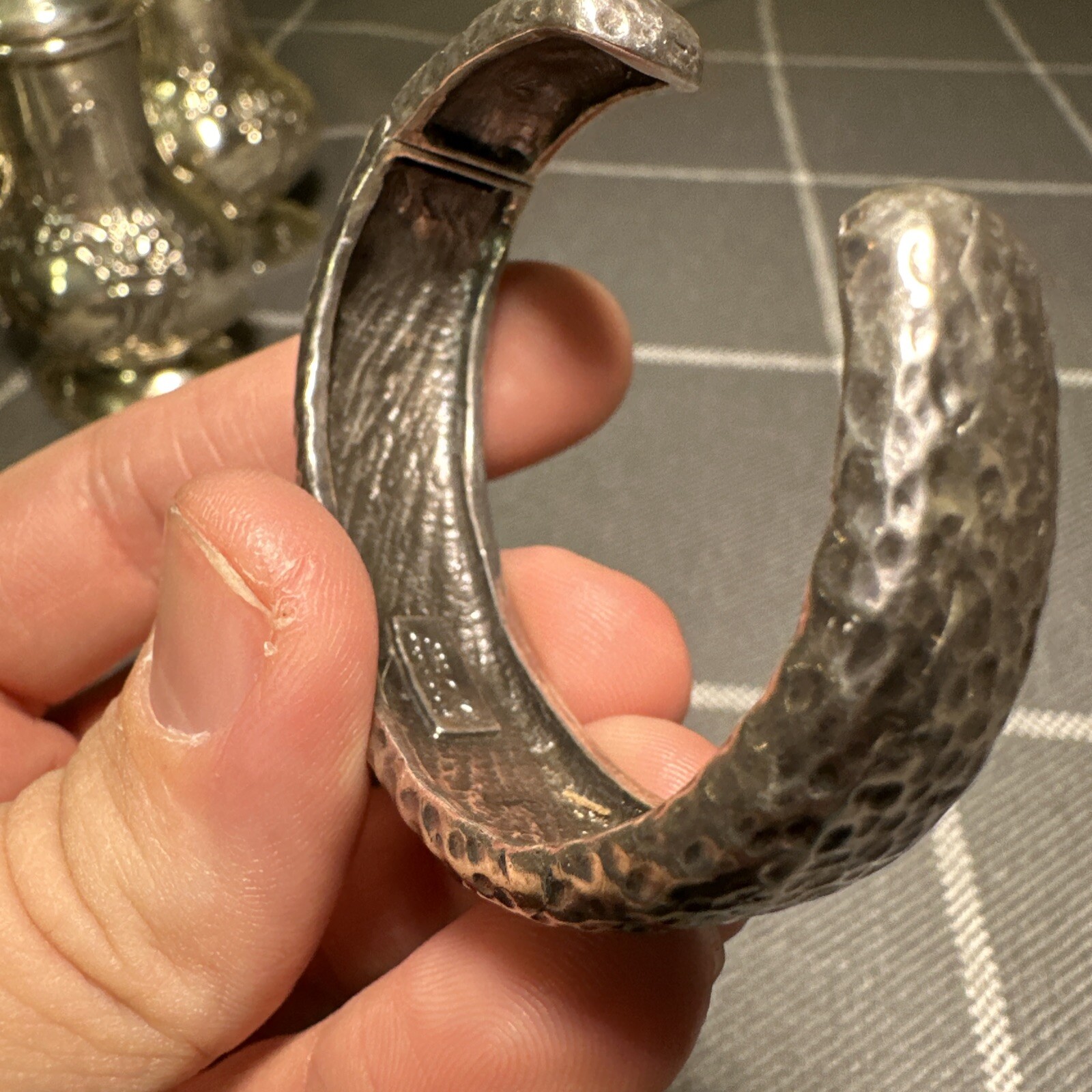 Vintage Dian Malouf 925 14k Hinged Small Cuff Bracelet Hammered