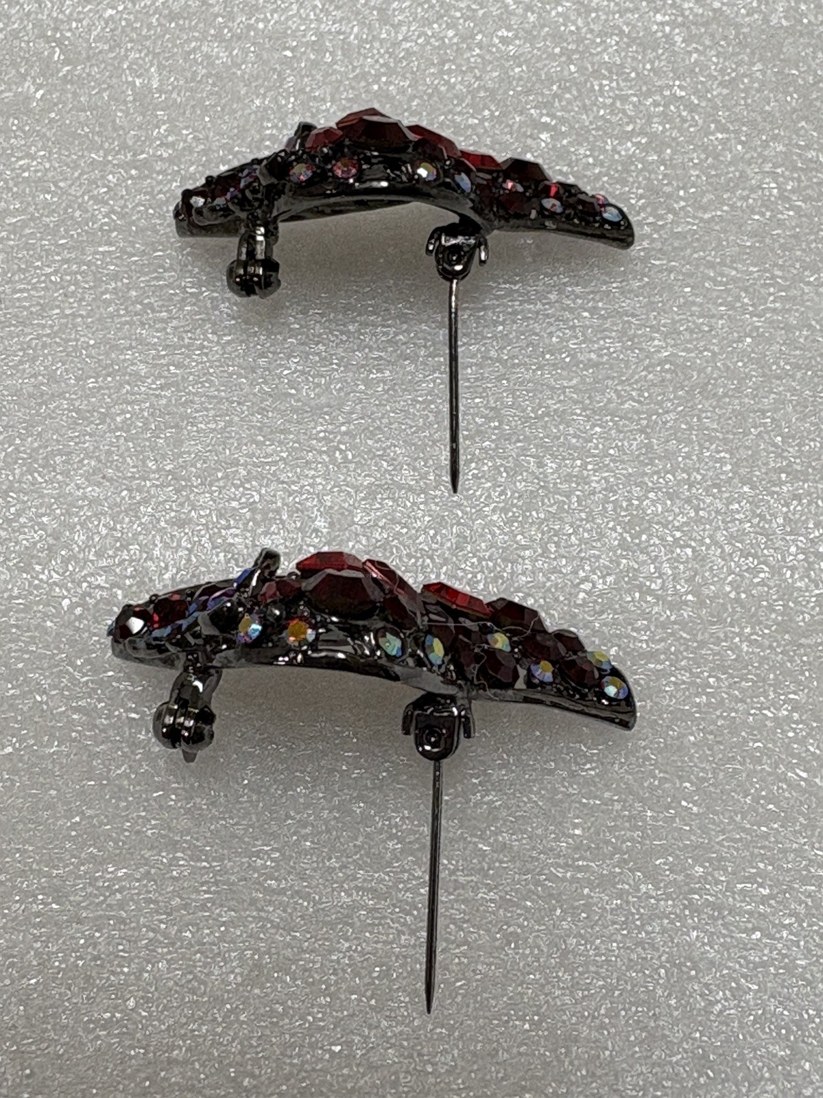 Vintage Red Iridescent Rhinestone Open Work Hat Brooch Pin Lot of 2 RHS Lovely