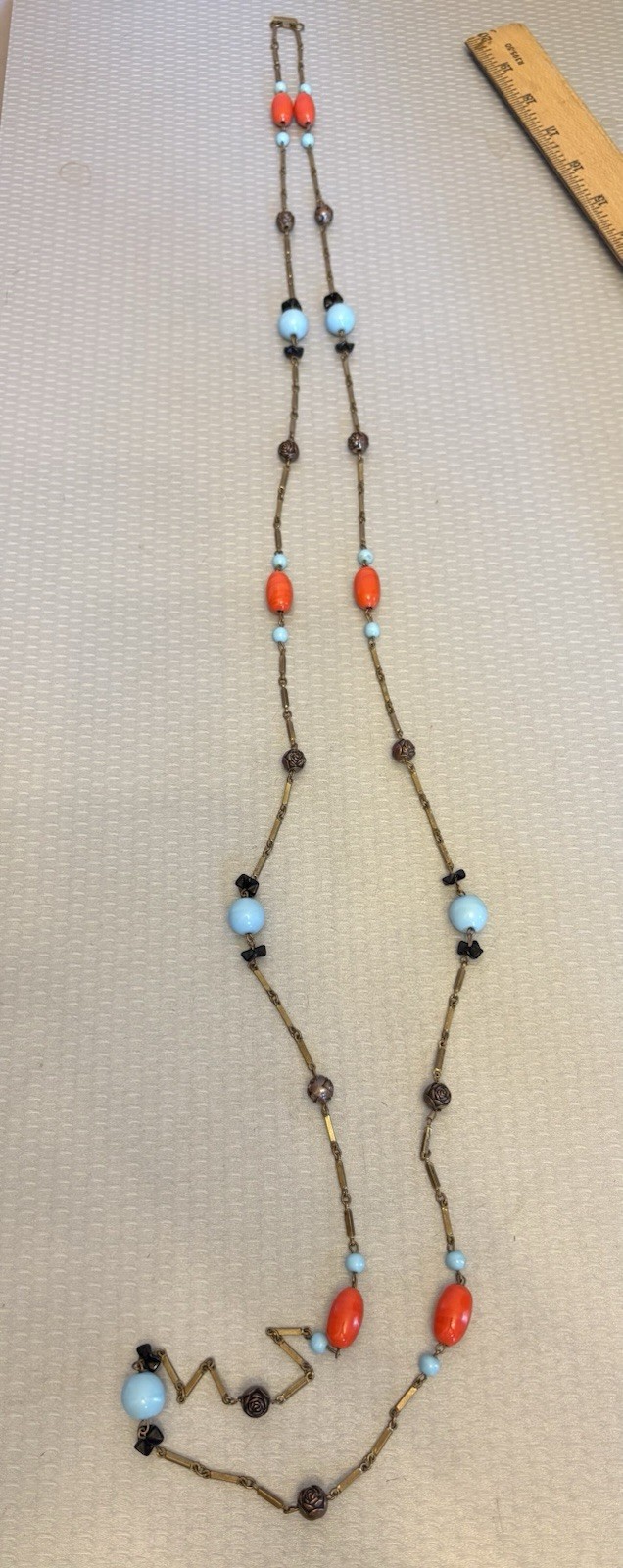 Art Deco Vintage Flapper Necklace Stationed Glass Bead Brass Bar Link Chain 62″