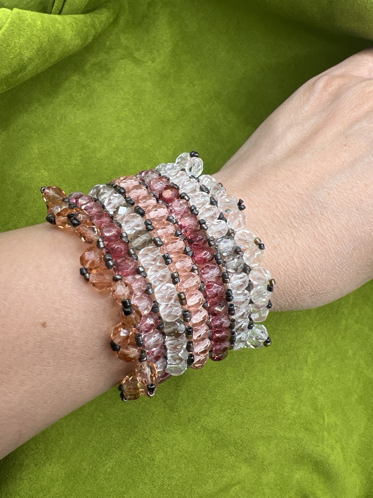 Vintage Multi Strand Acrylic Crystal Wrap Bracelet Pink Cranberry Champagne