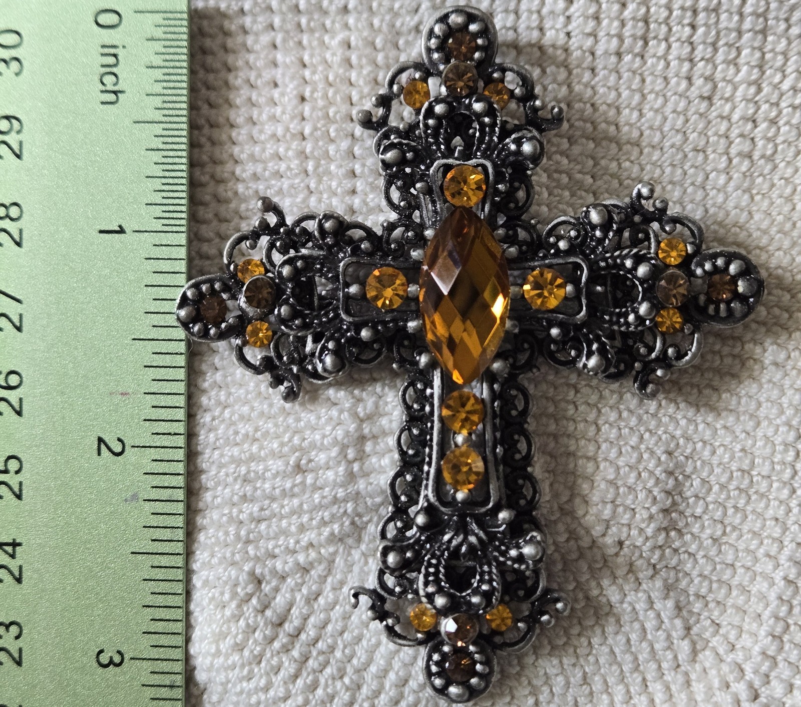 Gothic Cross Brooch Pin Amber Rhinestones Black Silver Tone Filigree 3″