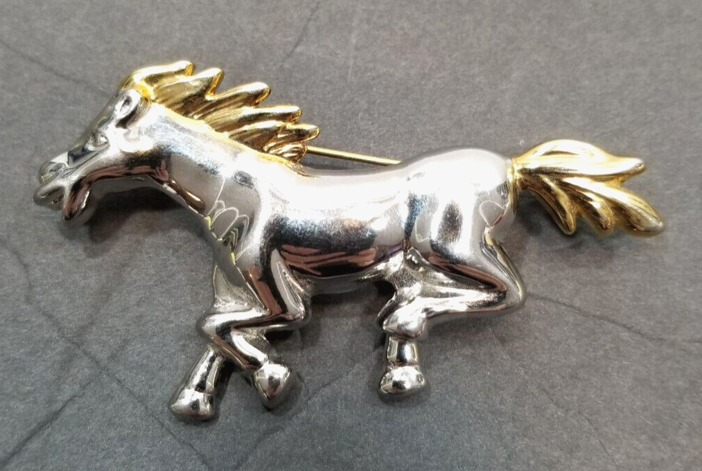 Vintage Silver and Gold Tone Running Horse Brooch Pin Pendant