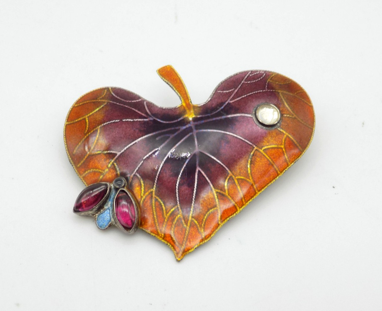 Artisan Sterling Silver Purple Orange Enamel Leaf Brooch Amethyst Bug