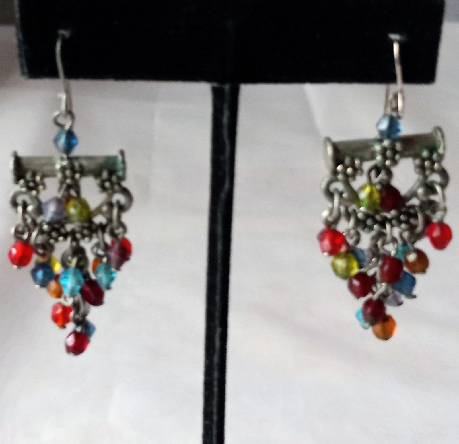 Vtg Pewter Dangling Earrings W Clustered Colorful Beads. Approximately 2″ #G