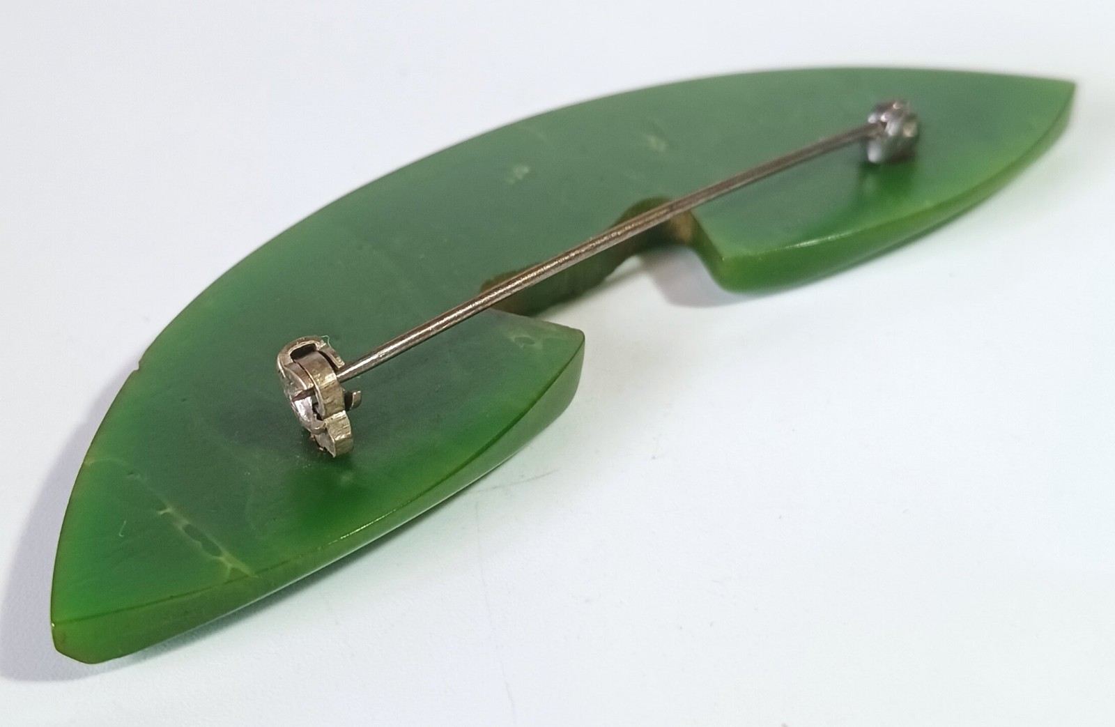 Vintage Art Deco Dark Green Bakelite Brooch w/ White Rhinestone Lines
