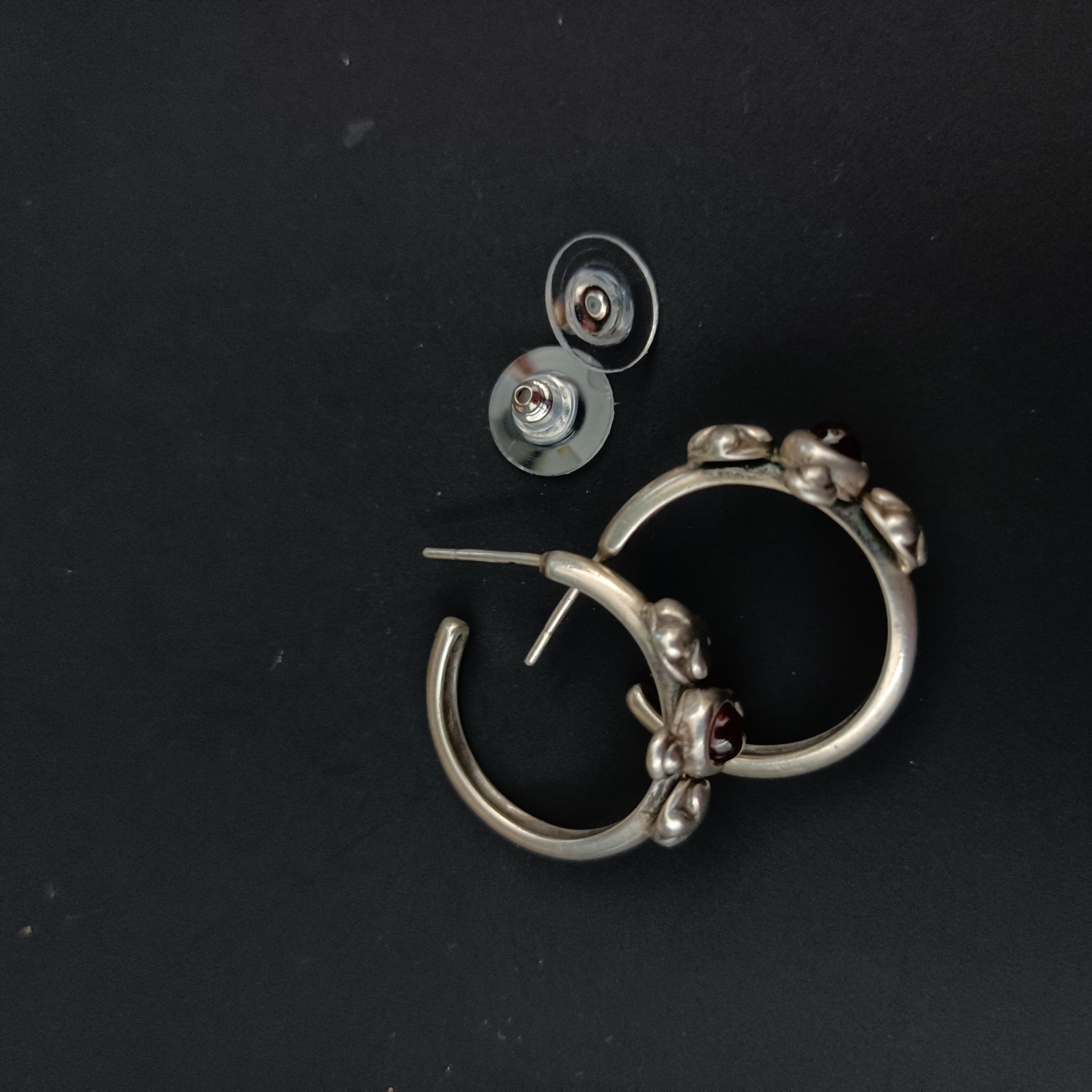 Vintage Silver Hoop Earrings Garnet Cabochon Boho Handmade Sculptural Artisan