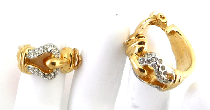 Buckle Earrings Clip On Half Hoops Gold Tn Rhinestones Unsigned ESPO Dead Stock