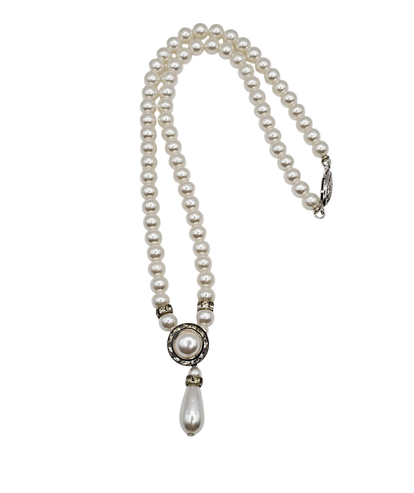 Vintage Unsigned Faux Pearl Choker Necklace Teardrop Pendant Rhinestone Costume