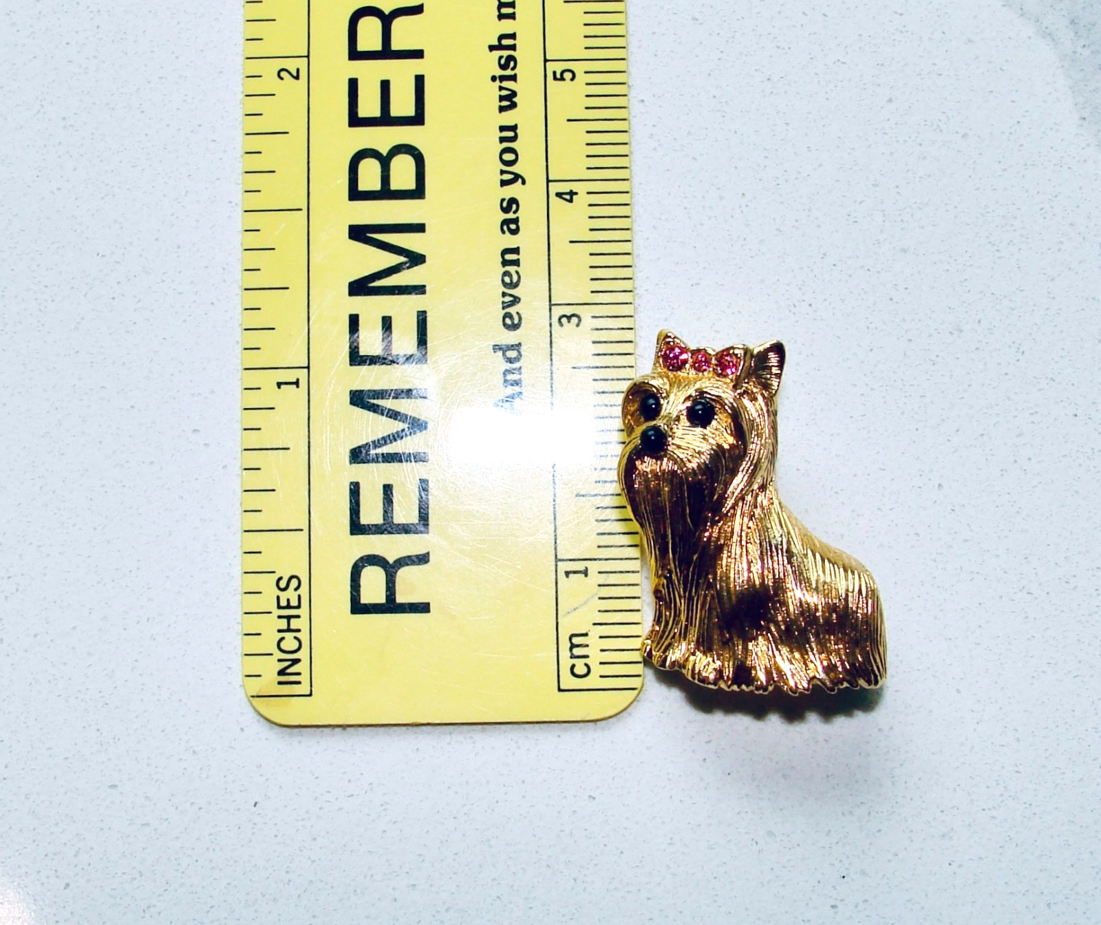 Vintage JOAN RIVERS Yorkie TERRIER DOG Brooch PIN Set With Chain GOLD TONE