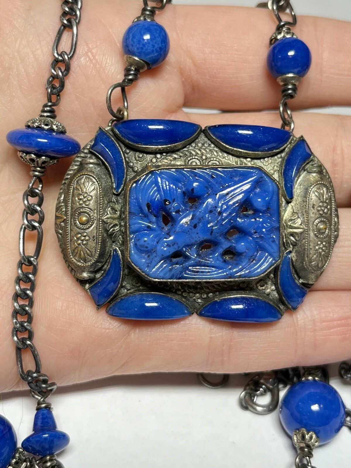 Deco Egyptian Revival Cech Style Stone Bead Blue Station Pendant Necklace RR1520