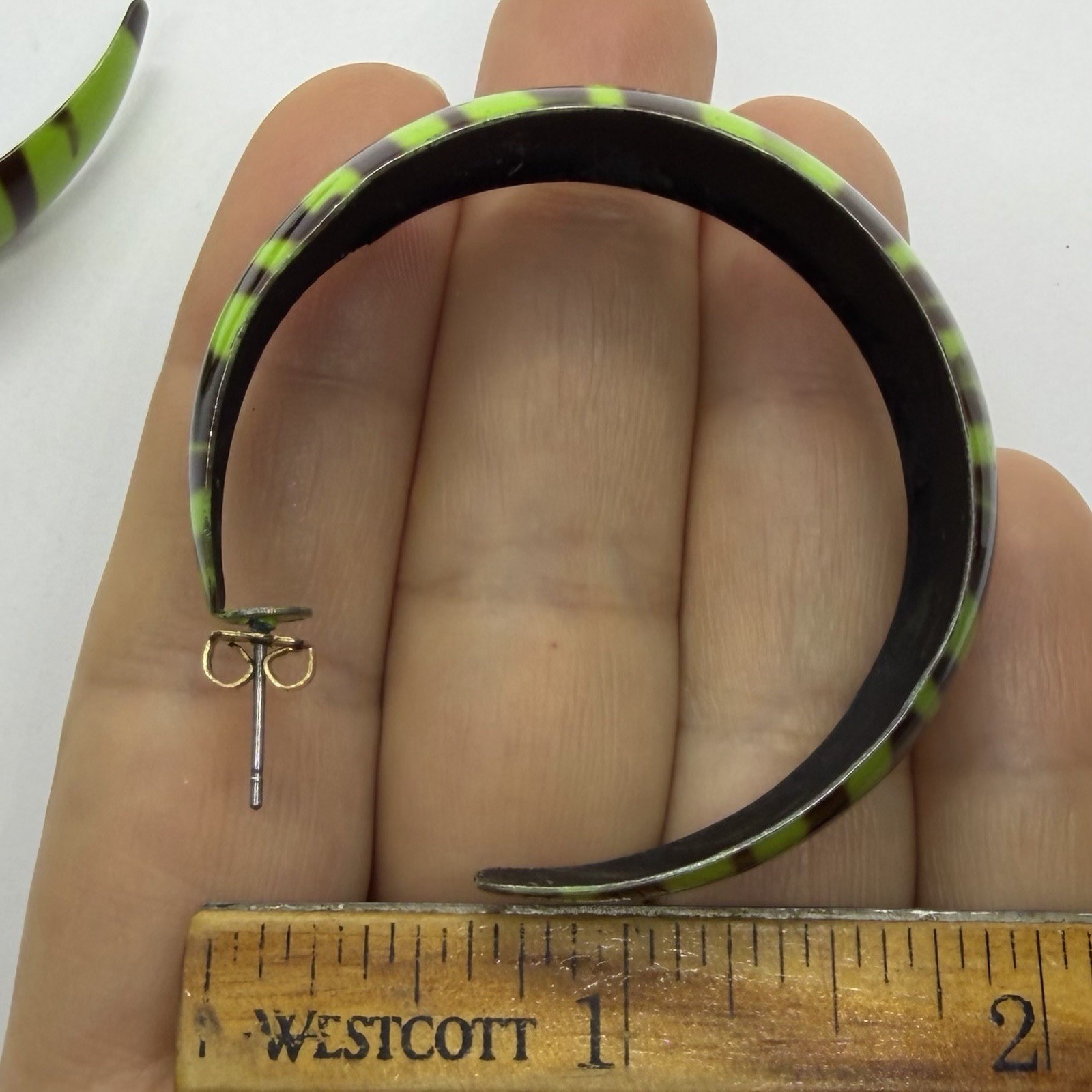 Vtg Big 80s Lime Green Earrings Black Enamel Stripe Hoop Statement Drop Post