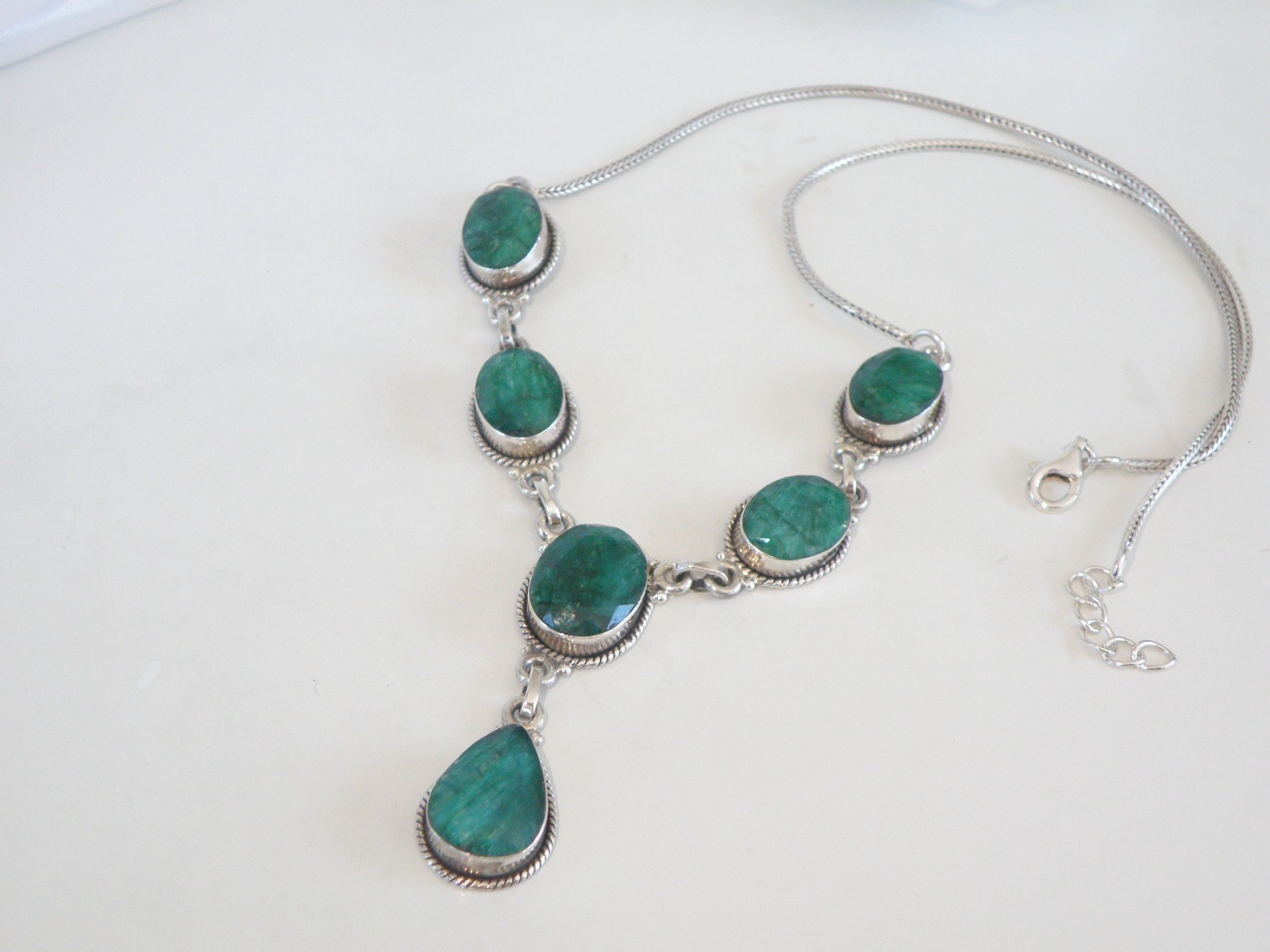 Vintage Sterling Silver 925 Large Natural Raw Emerald Statement Necklace 19″