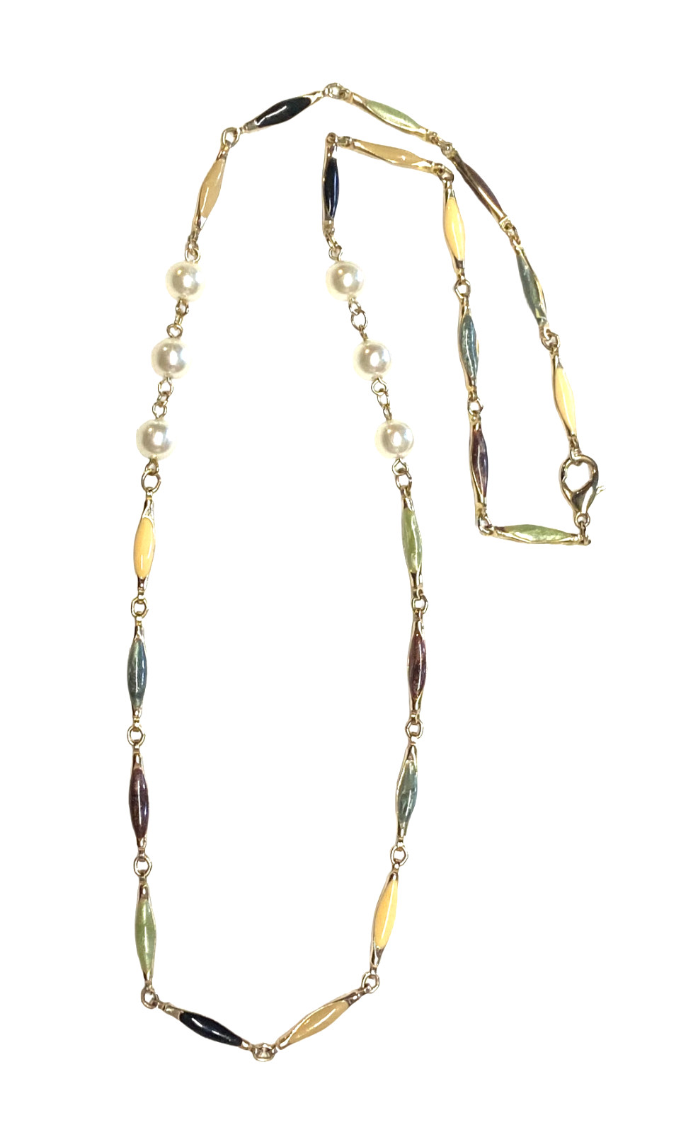 Vintage Gold Tone Multicolor Enamel Bar Link Elliptical Faux Pearl Necklace 25″