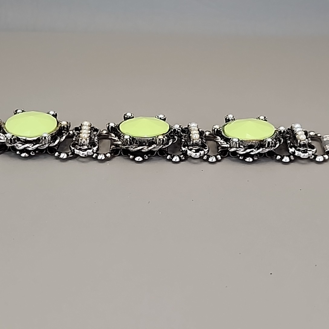 Vintage Bracelet Lime Green Round Bead Faux Pearl Silver Tone Book Chain 6″