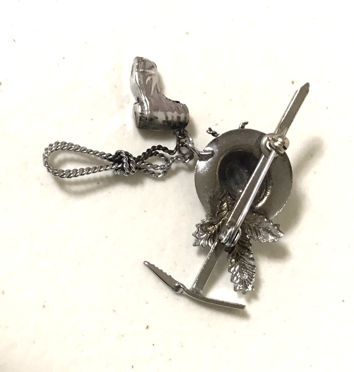 Vintage Silver Tone Gardening Hat Boot Tools Charms Dangles Brooch Pin Estate