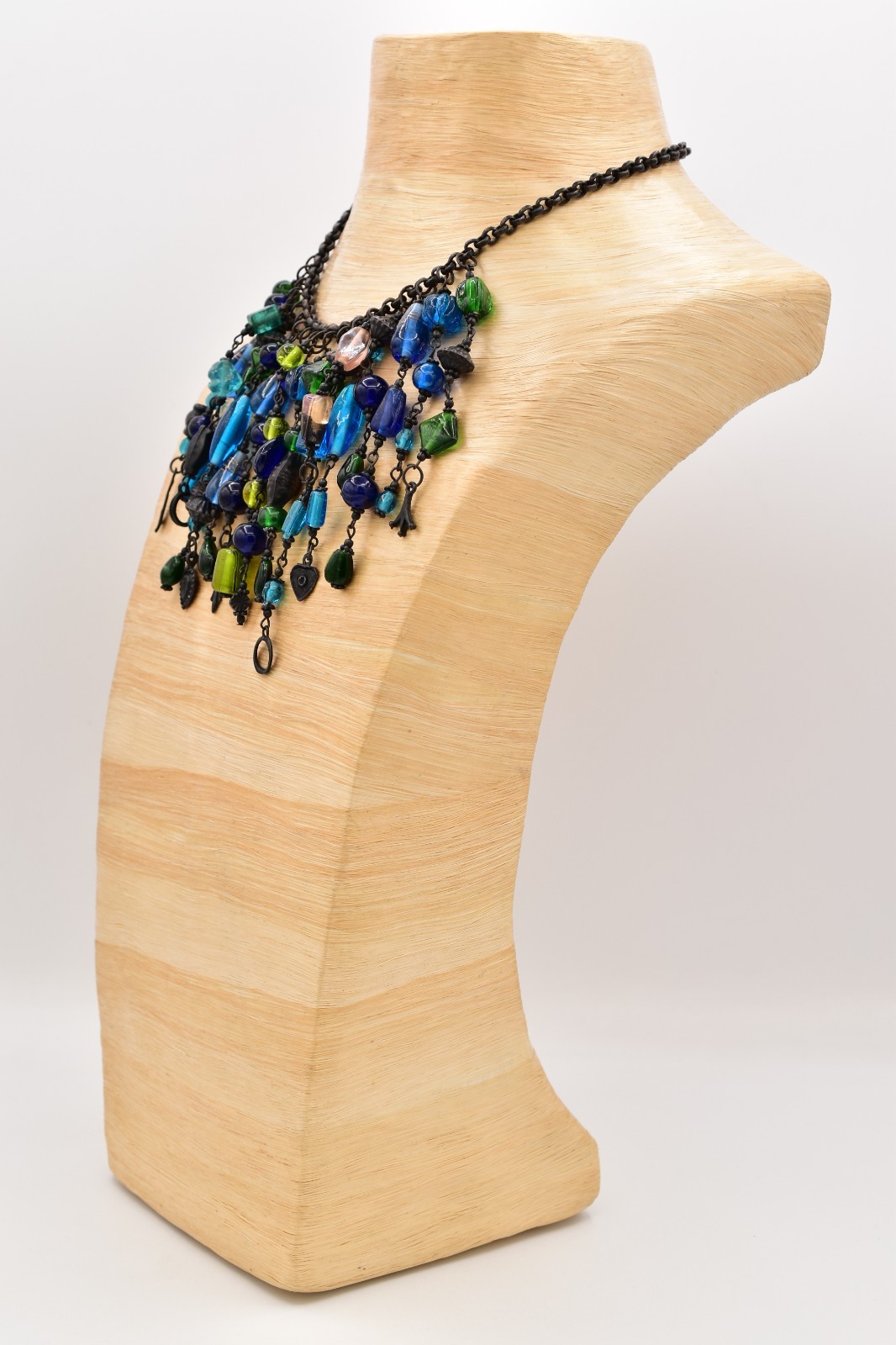 Vintage Glass Beaded Bib Collar Necklace Blue Green Fringe Gunmetal Chunky BinBQ