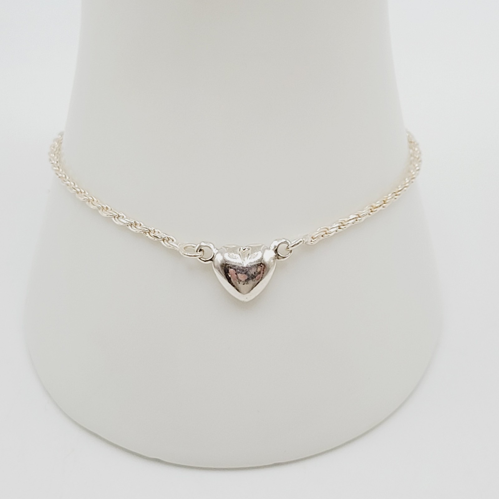 Minimalist Dainty Puffed Heart Station 925 Sterling Rope Chain Bracelet 7.25 in