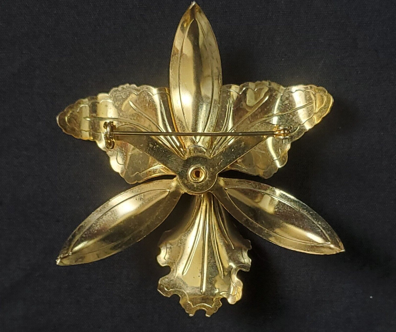 Flower Orchid White Purple Enamel Vintage Gold Brooch Statement Pin Large