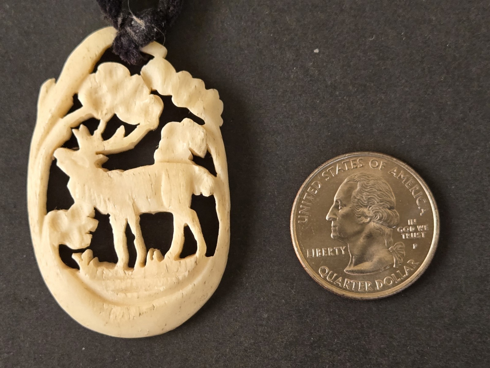 Antique Vintage Carved Antler Stag Elk Pendant w/ Leather 2 X 1 1/4 in.