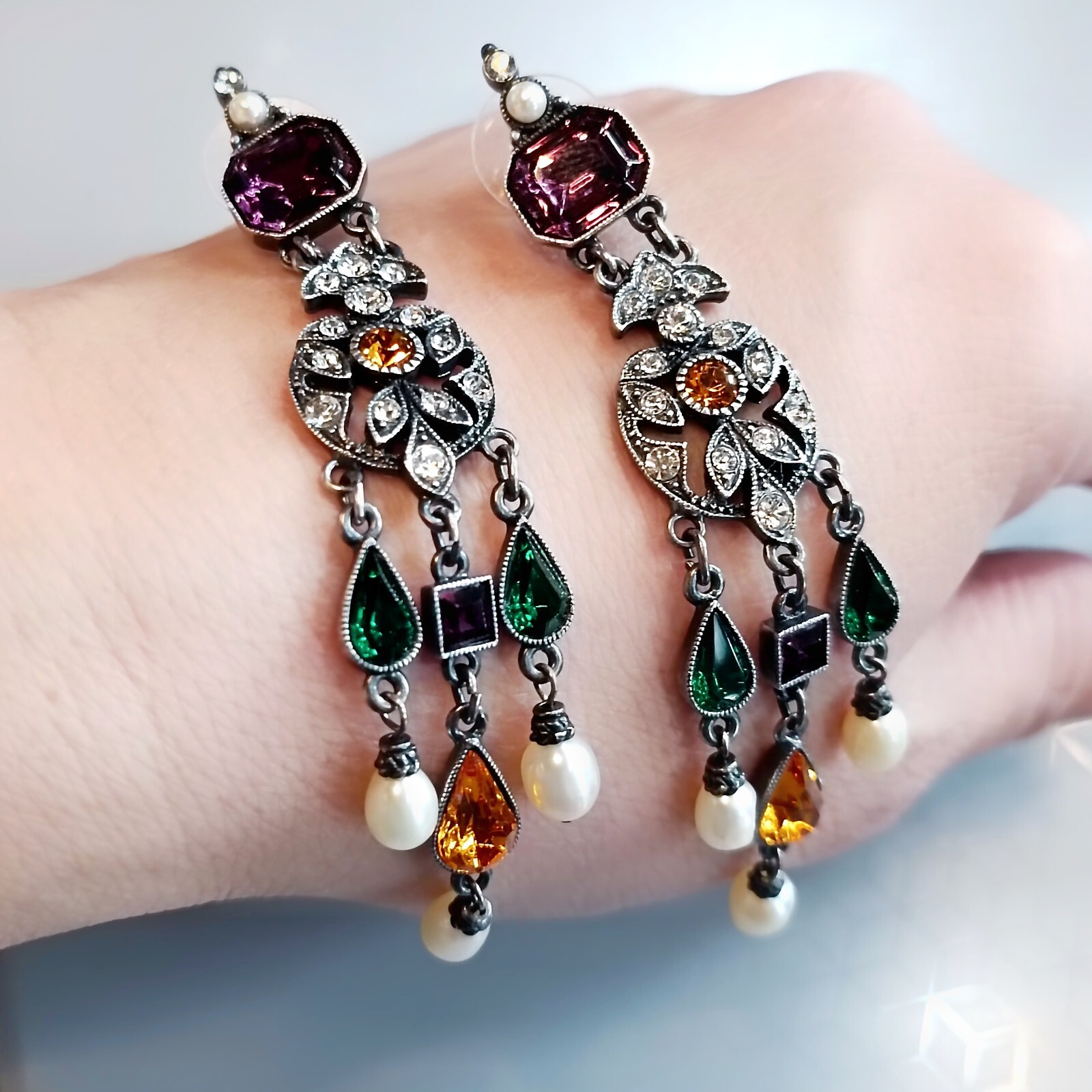 BEN-AMUN Crystals Chandelier Silver Tone Earrings , Length 3.2 inch