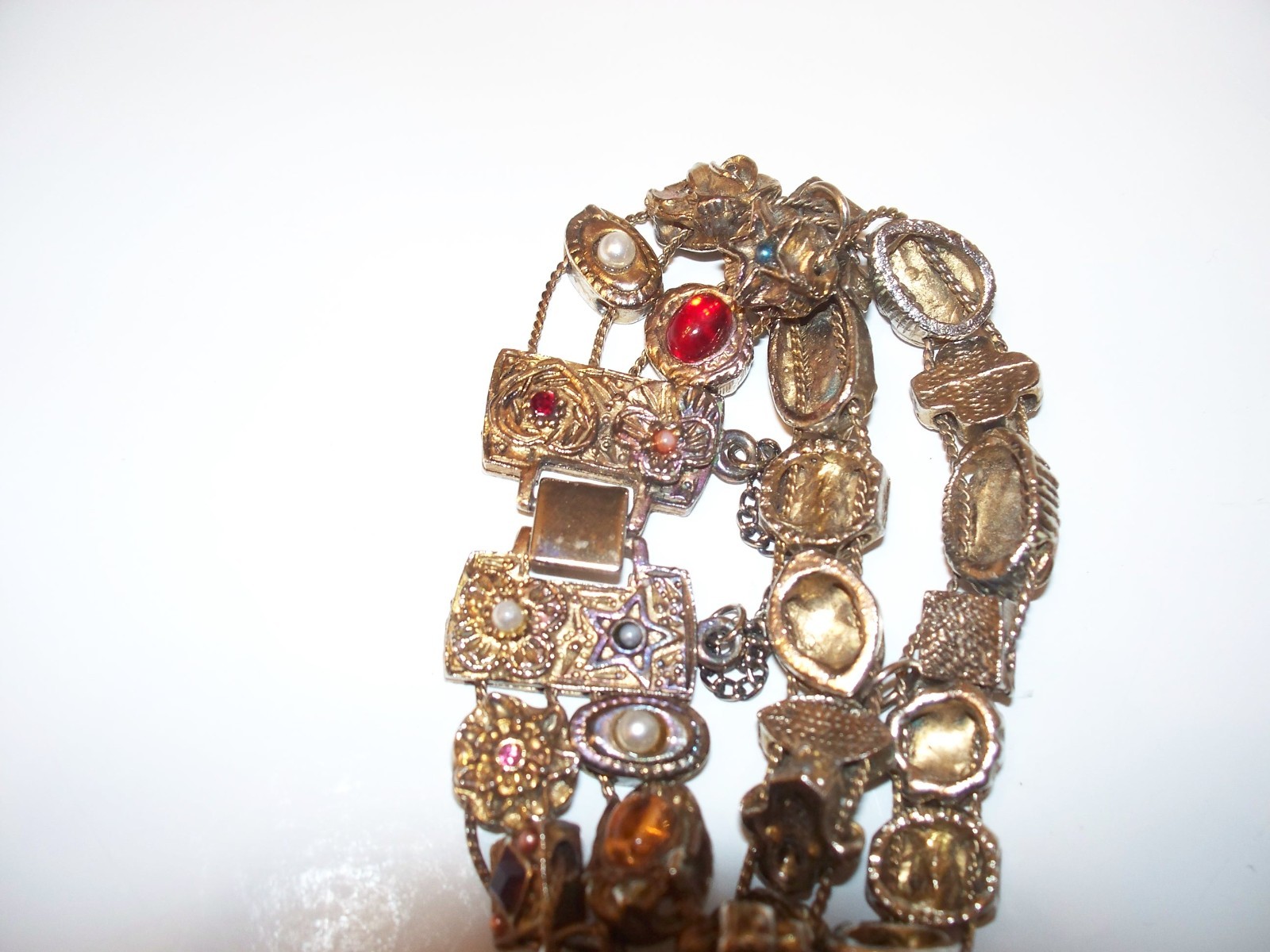Vintage Faux Jewel Slide Double Row Charm Bracelet Cameo Amethyst Rhinestones