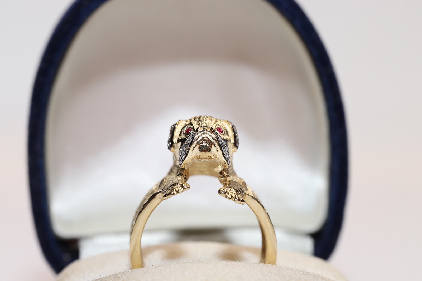 New Made 14k Gold Natural Diamond And Ruby Decorated Dog Ring
