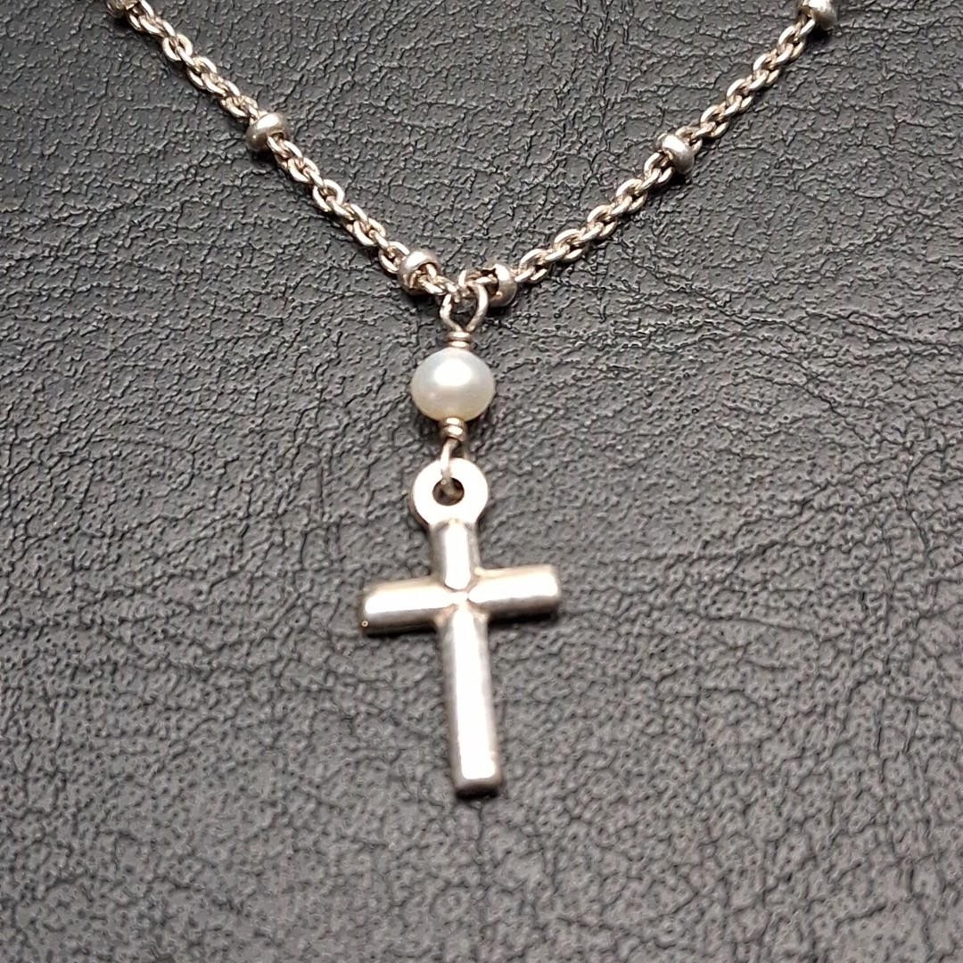 STERLING SILVER 925 Freshwater Pearl Station Necklace Cross Pendant. 17.707