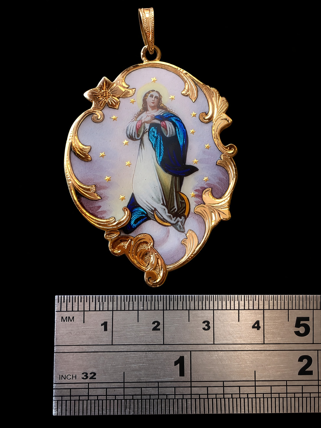 Antique 18K Gold Enamel Virgin Mary Pendant – 19th Century Religious Medal Rare