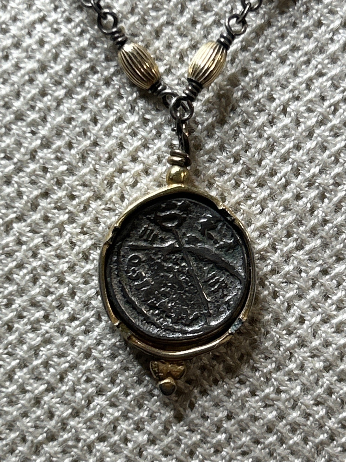 56. Vintage G.F. 925 chain Ancient Coin Replica Statement Necklace 22+”, 6.9g