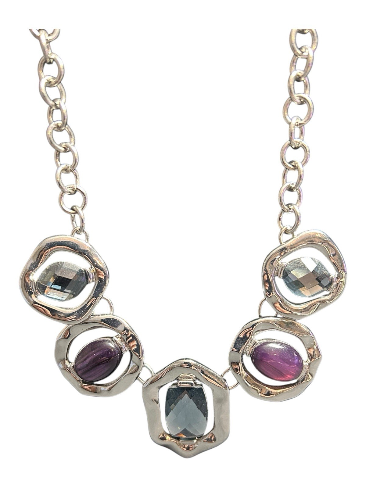 Chico’s Bold Silver Necklace Mixed Gemstones Purple Blue Gray Beaded 17–21”