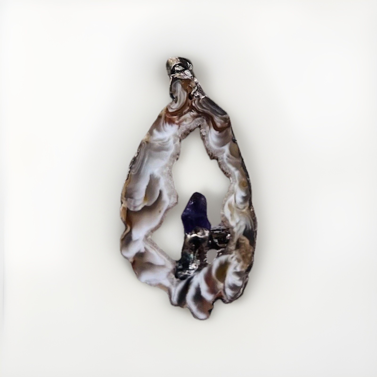 Vintage Black & White Agate Geode With Amethyst Pendant Silver Gorgeous