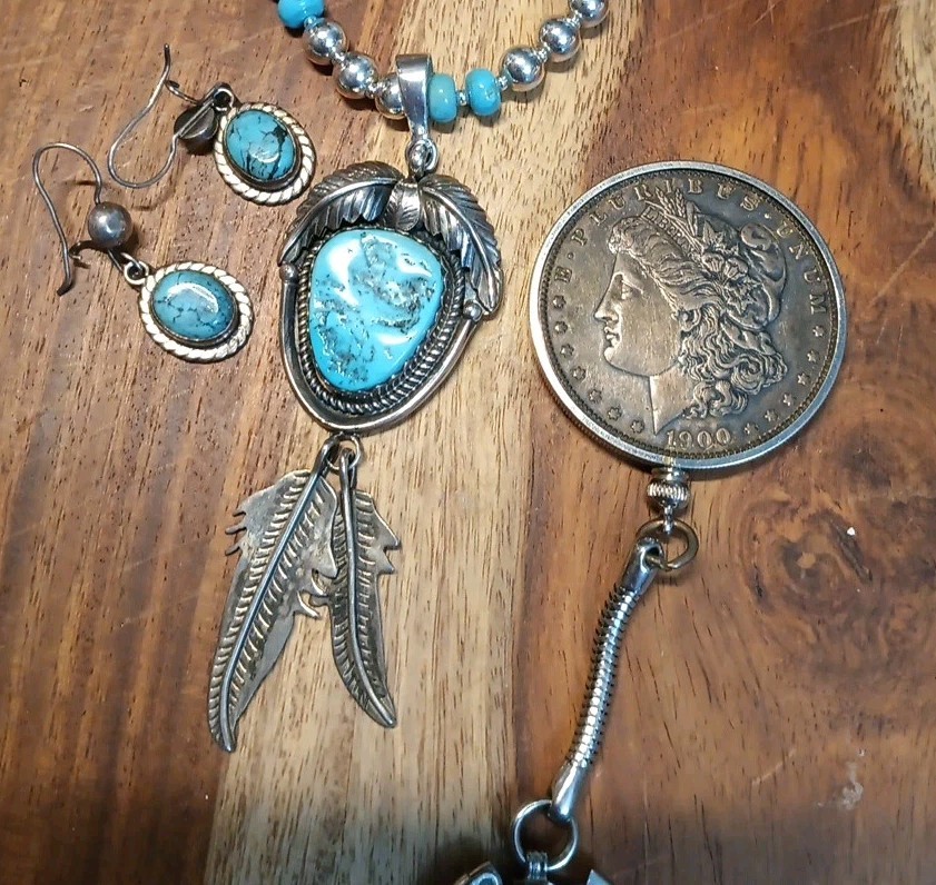 NAVAJO ELLA COWBOY TURQUOISE STERLING SILVER FEATHER NECKLACE EARRINGS 39.5 Gr