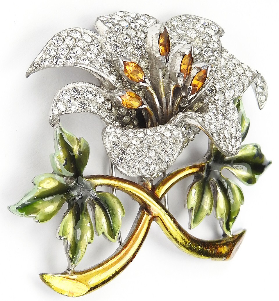 Dujay Pave and Metallic Enamel Orchid with Topaz Stamens Flower Pin Clip