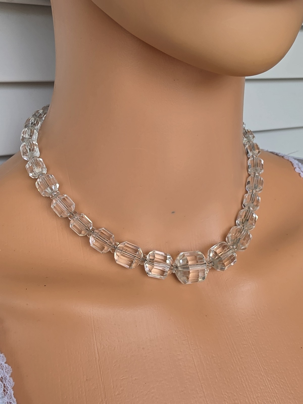 Vintage Clear Faceted Crystal Glass Cube Cut Bead Necklace Art Deco Style 15”