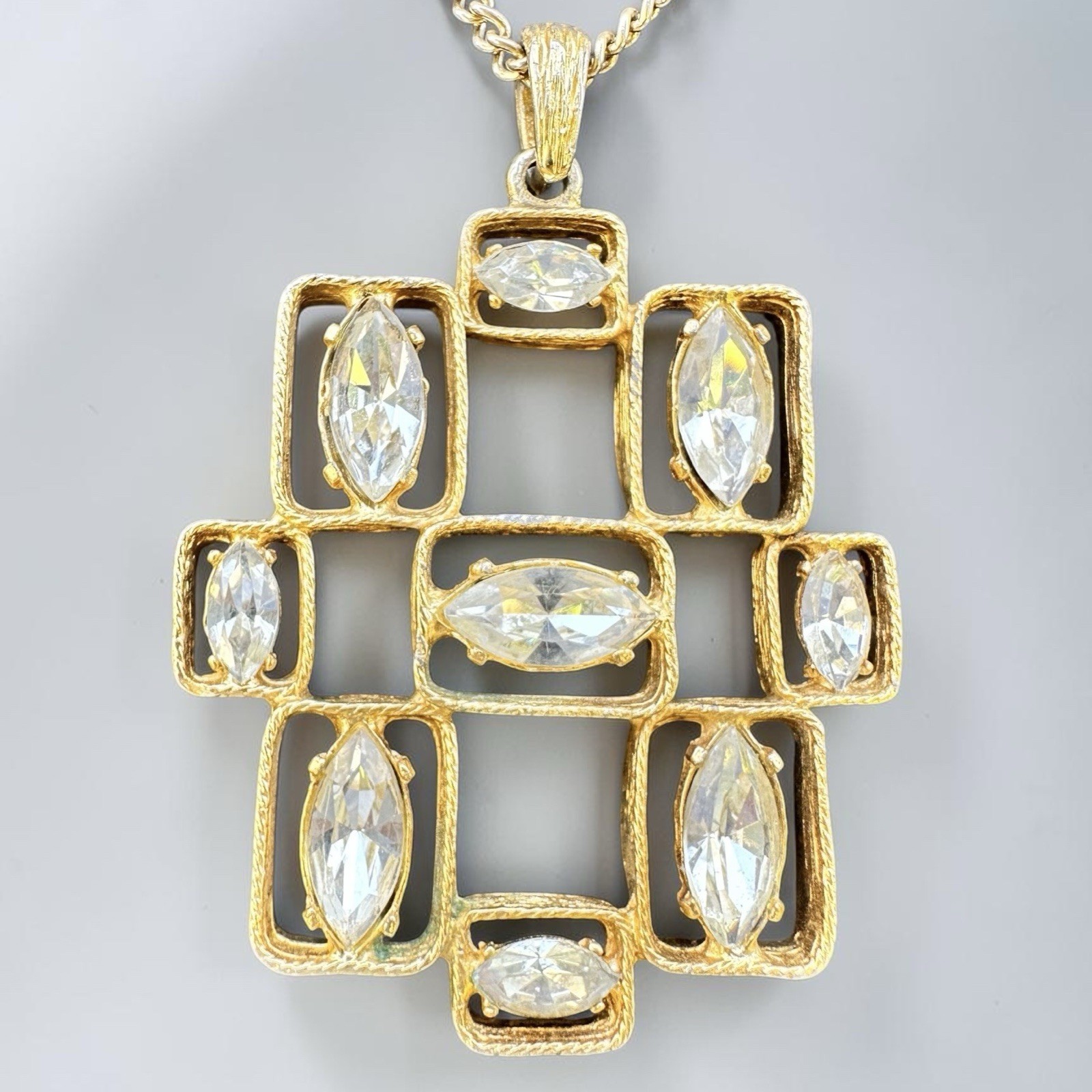 Geometric Mod Rhinestone Necklace Vintage Gold Tone Pendant Modernist Brutalist