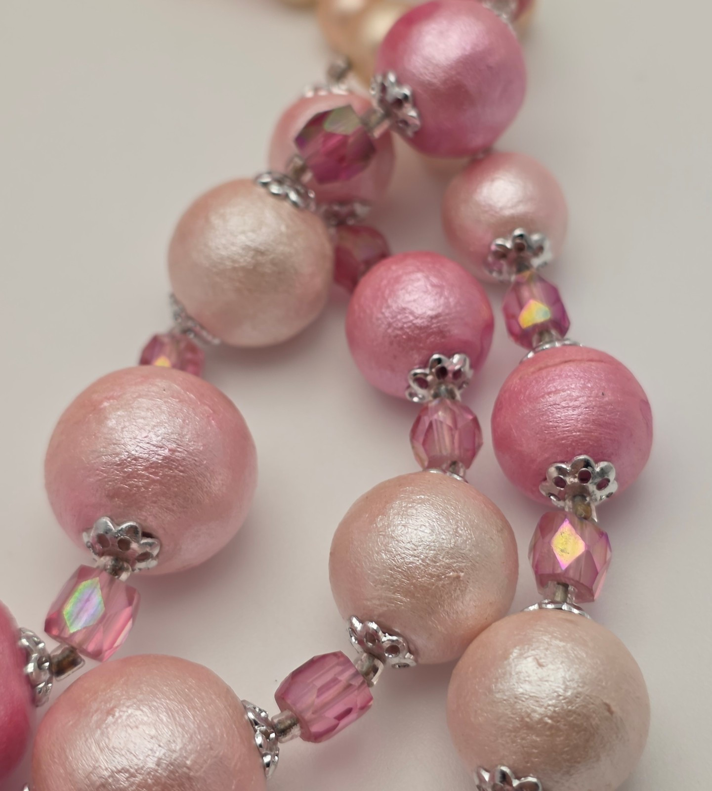 Vintage Japan Pink Faux Pearl Triple Strand Layered Necklace Crystal 17”