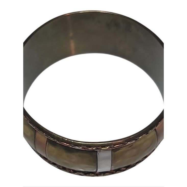 Vintage Mixed Metal Wide Bangle Bracelet Brass Copper Silver Tone Braided Trim