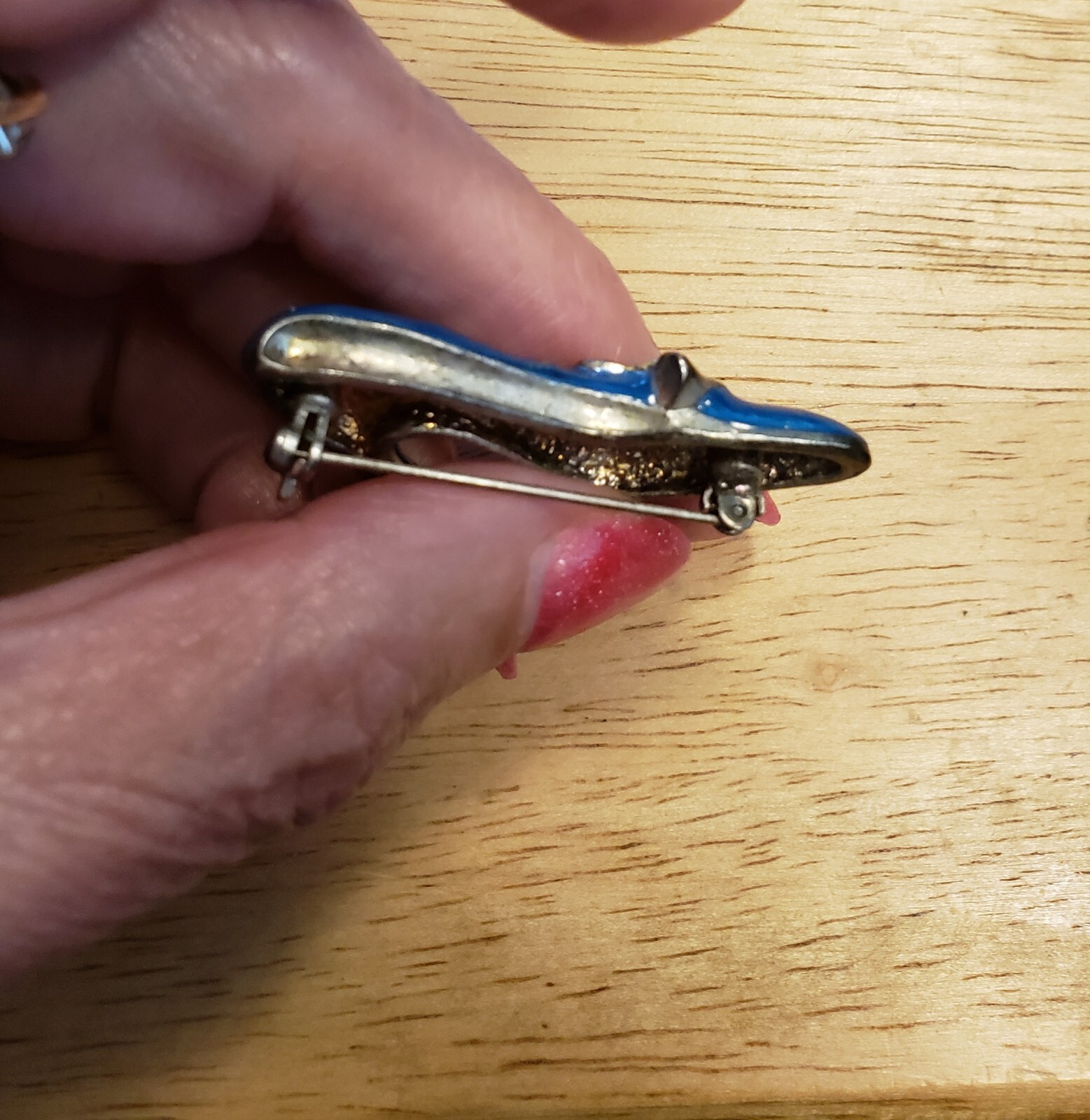 Vintage, High Heel Shoe Pin with Blue Enamel & Rhinestone Bow 1 1/2” across