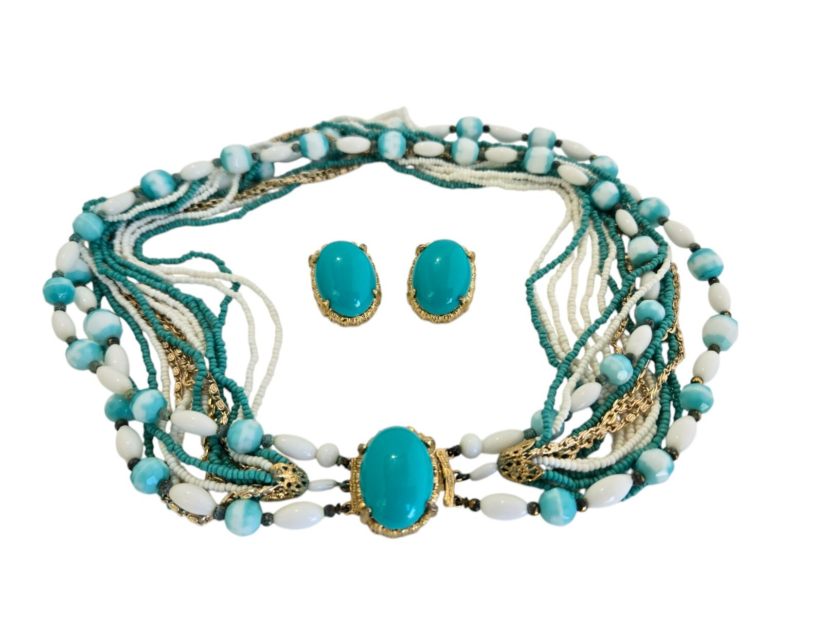 Vintage Turquoise and White Bead Necklace and Clip Earrings Set