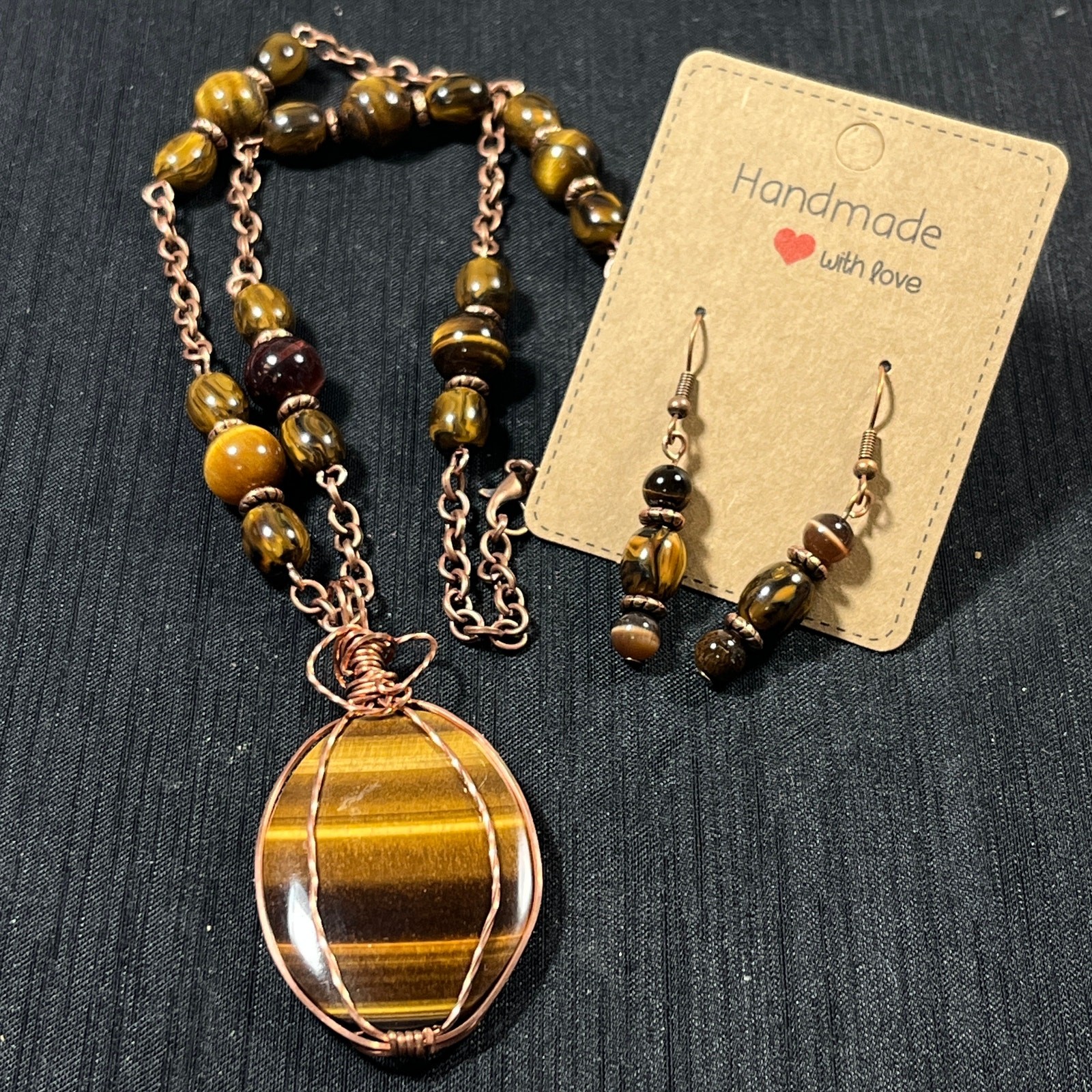 Tigers eye Necklace Pendant Oval Cabochon Copper Wire Wrap 20″ – 1 1/4-1 3/4