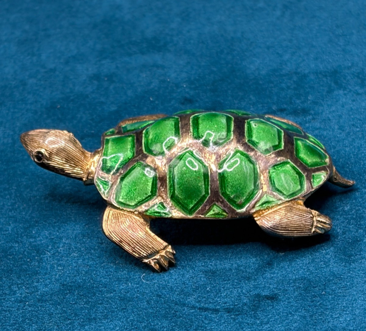 Vintage Sterling Silver Enamel Turtle Brooch Pin Stone Eyes Germany 2″