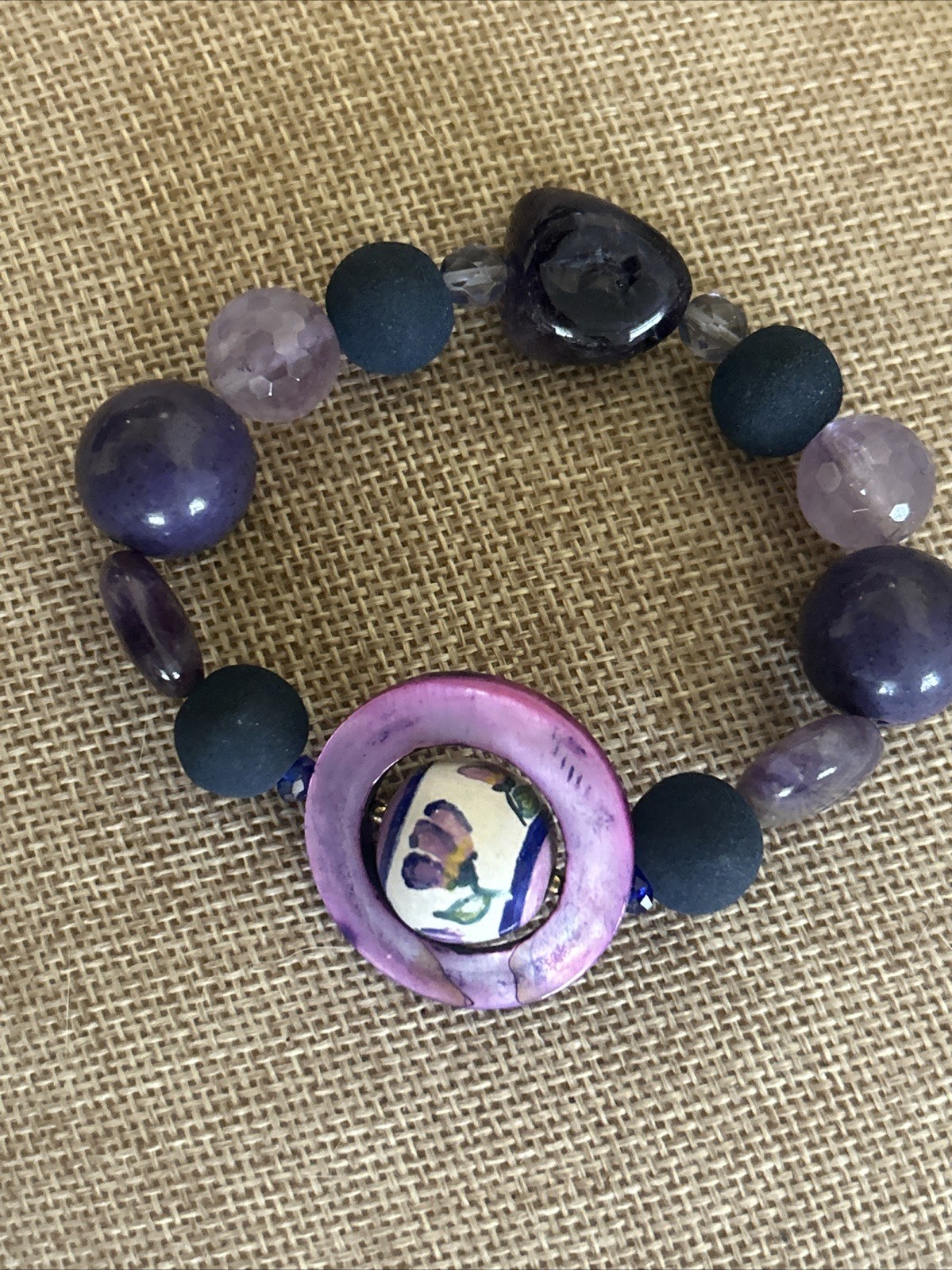 VTG Bead Bracelet Purple Matte w/ Abalone Ring Floating Floral Ball Hand Painted