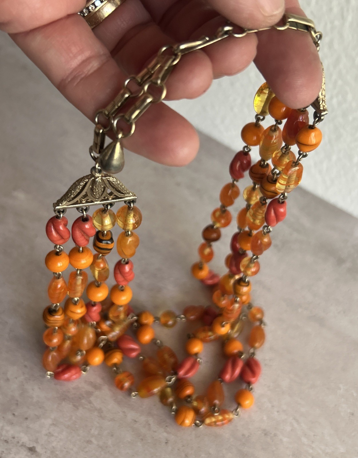 Multi Strand Glass Bead Necklace Orange Yellow Coral Vintage Statement Jewelry
