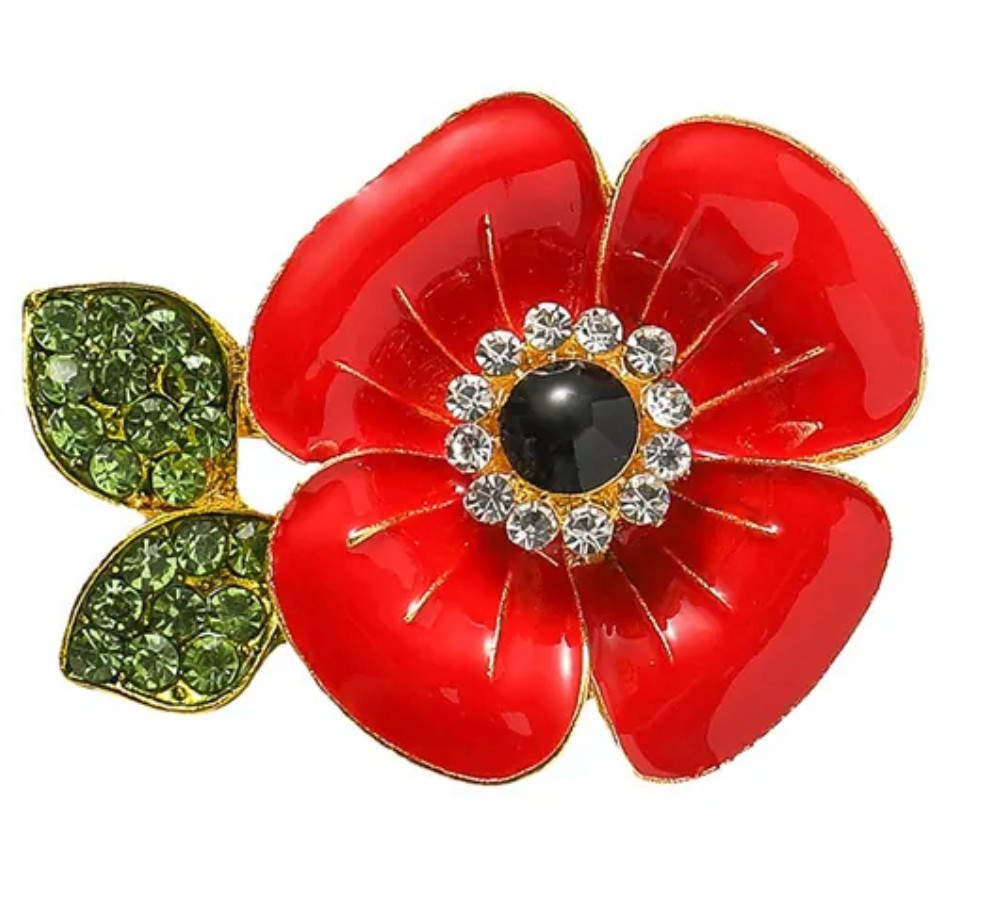 Red Poppy Memorial Remembrance Rhinestone Alloy Lapel Pin *New*